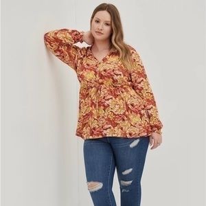 🆕Torrid Rust Floral Long Sleeve Esther Gauze Peasant Top Blouse (B2)